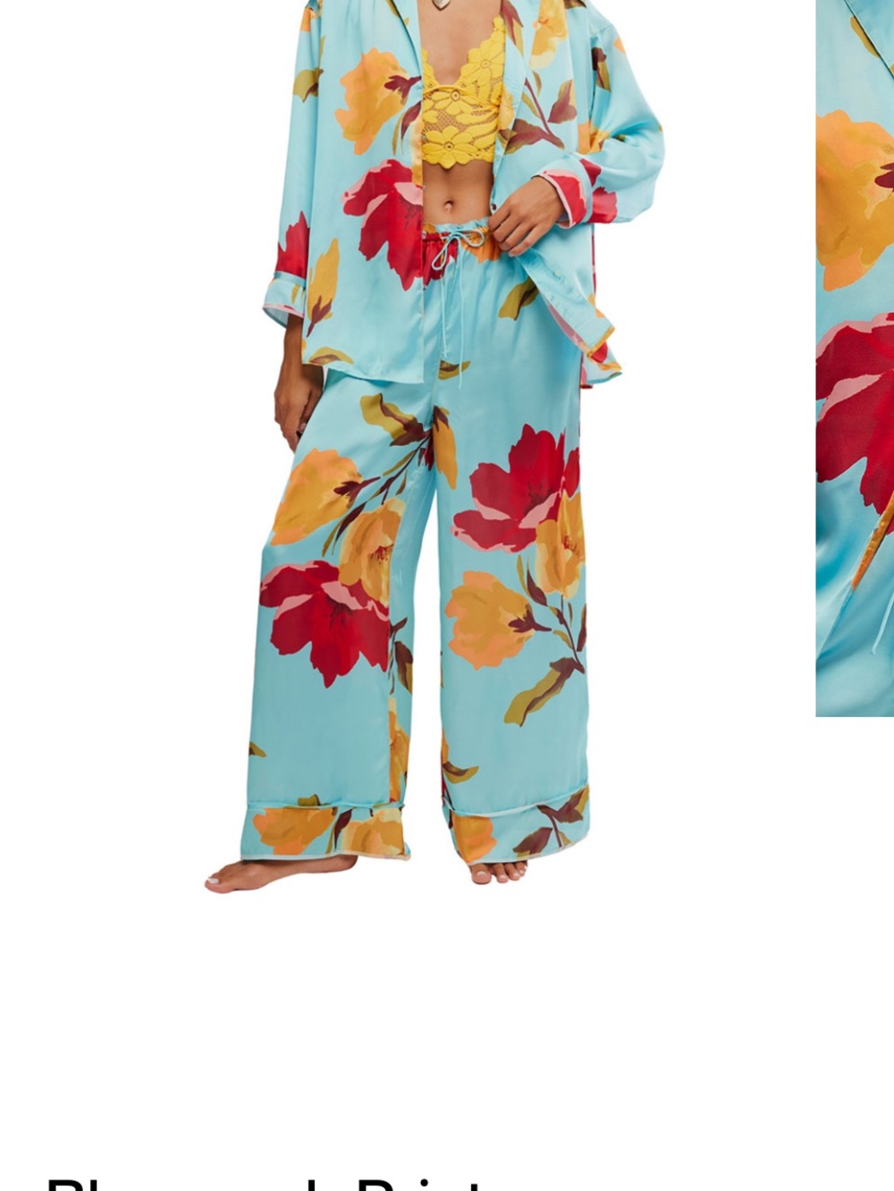 Free People Floral Satin Pajama Set in Aqua with Red & Yellow Blooms